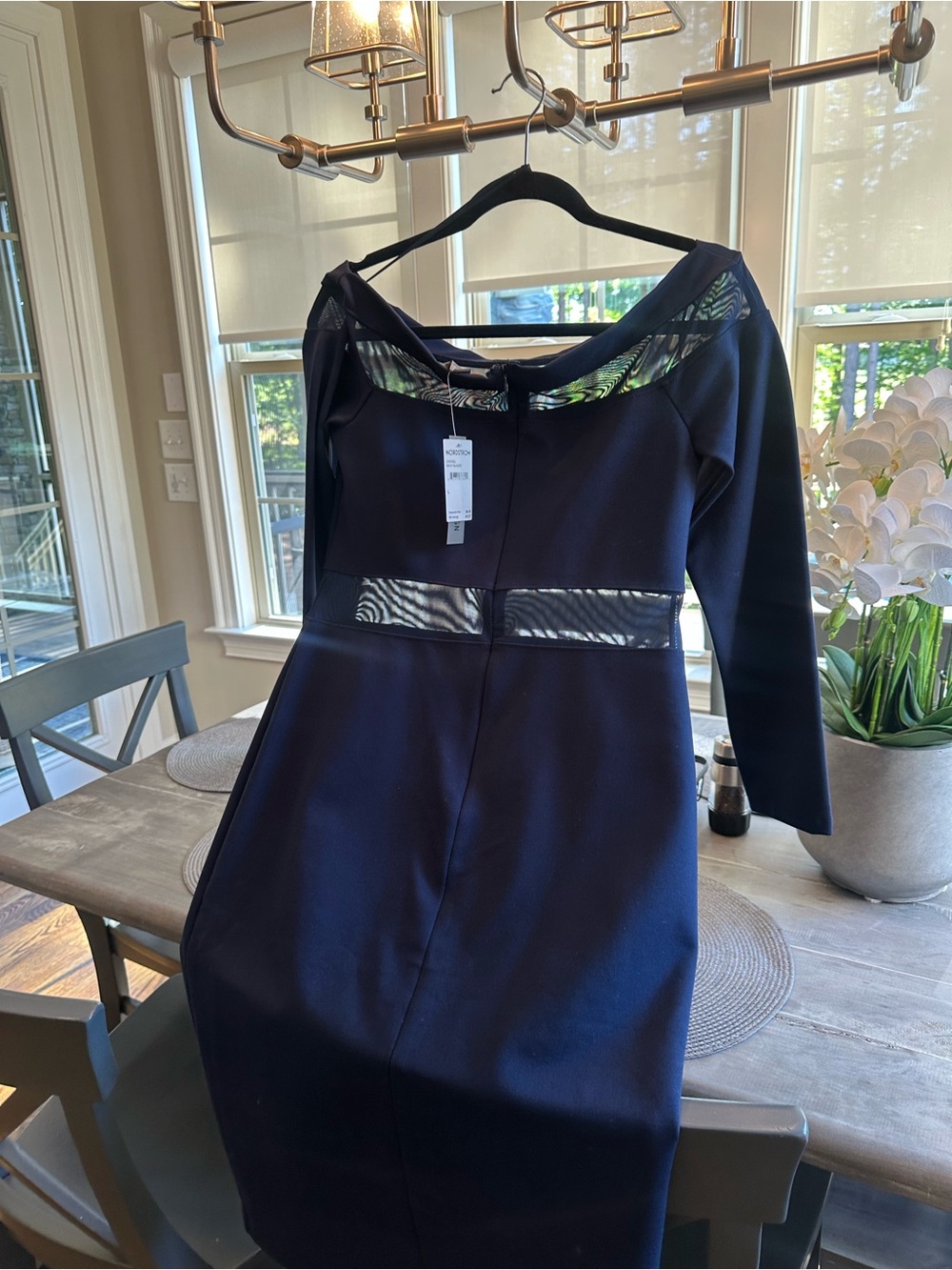 Love By Design Navy Long-Sleeve Mesh-Trim Sheath Dress
